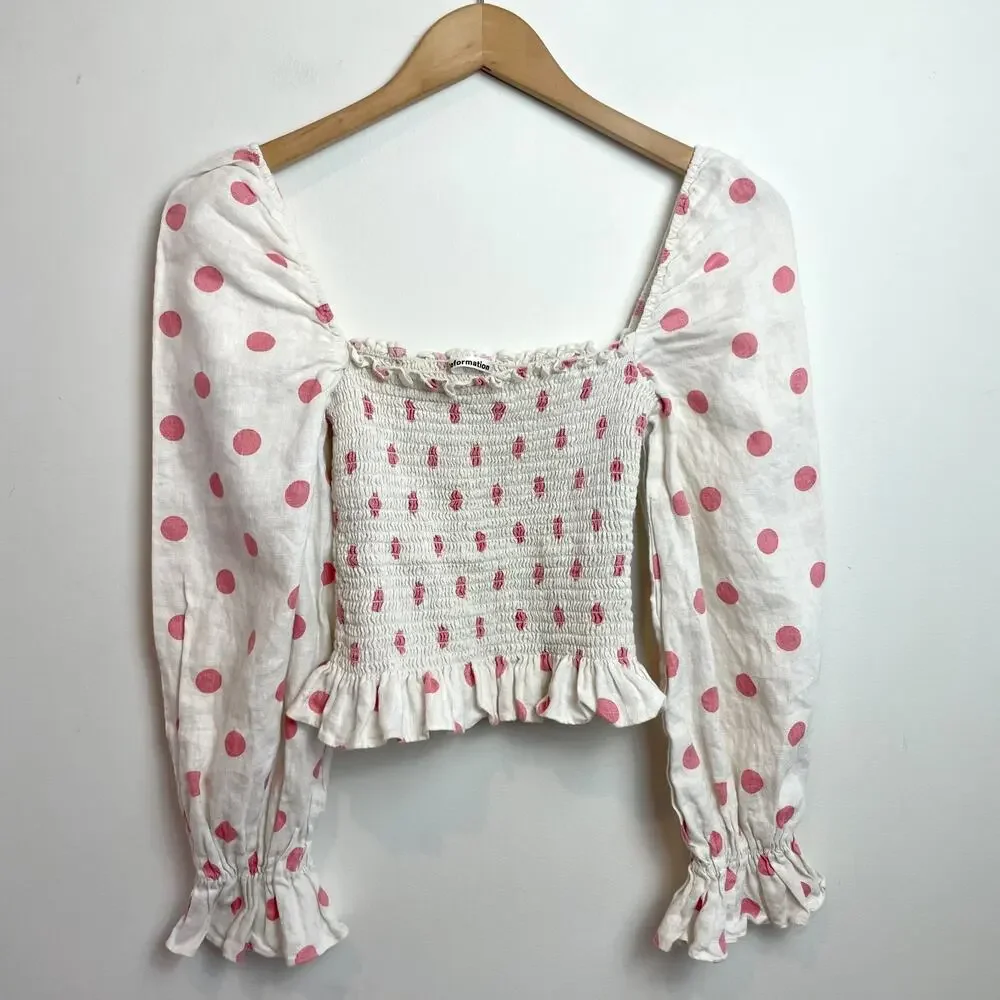 Reformation Polka Dot Puff Sleeve Linen Top Small Smocked‎ Feminine Coquette